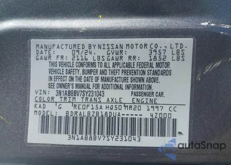 2025 Nissan Sentra S z USA, uszkodzony, nr VIN 3N1AB8BV7SY231043